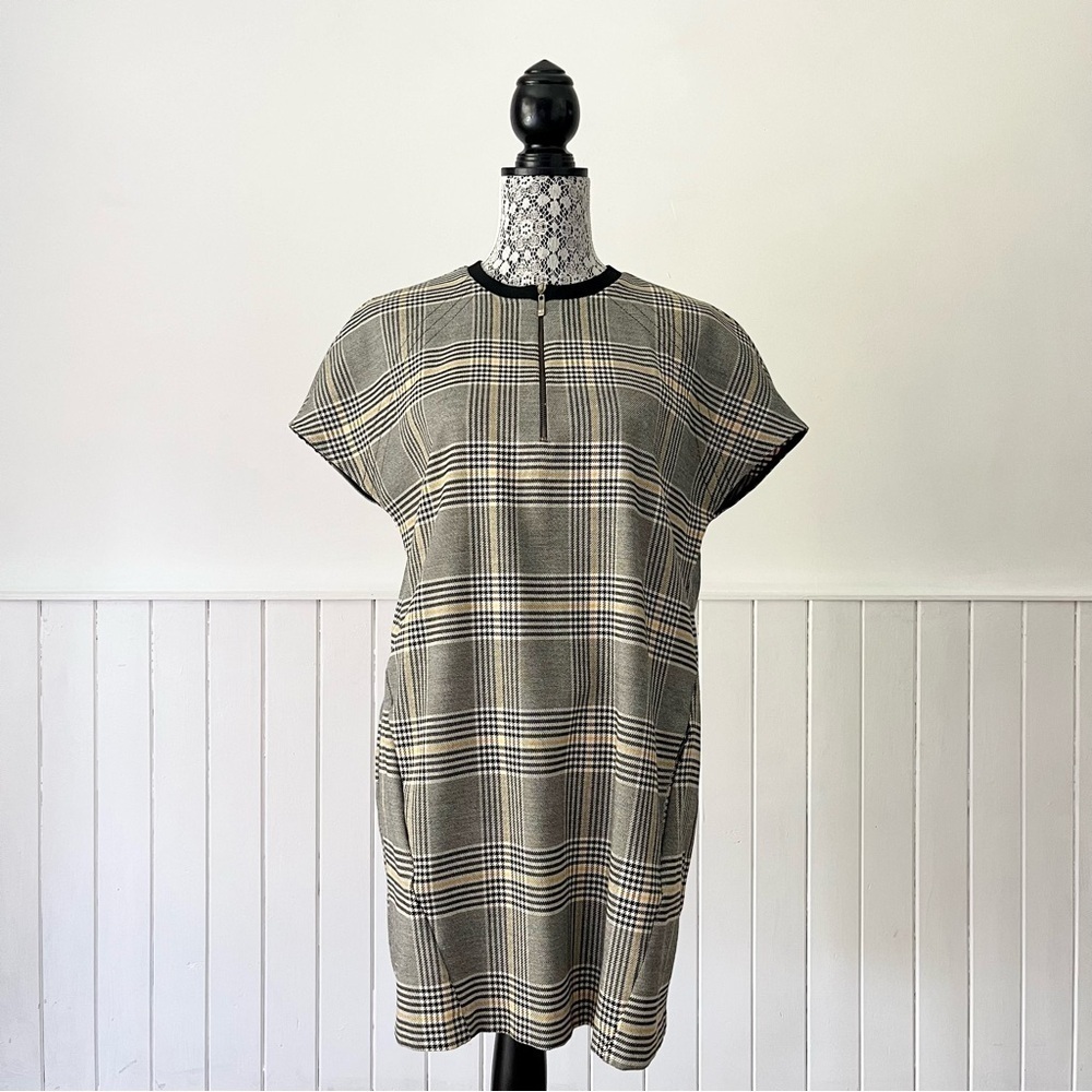 Zara TRF Houndstooth Plaid Quarter Zip Crewneck Shift Dress Size M